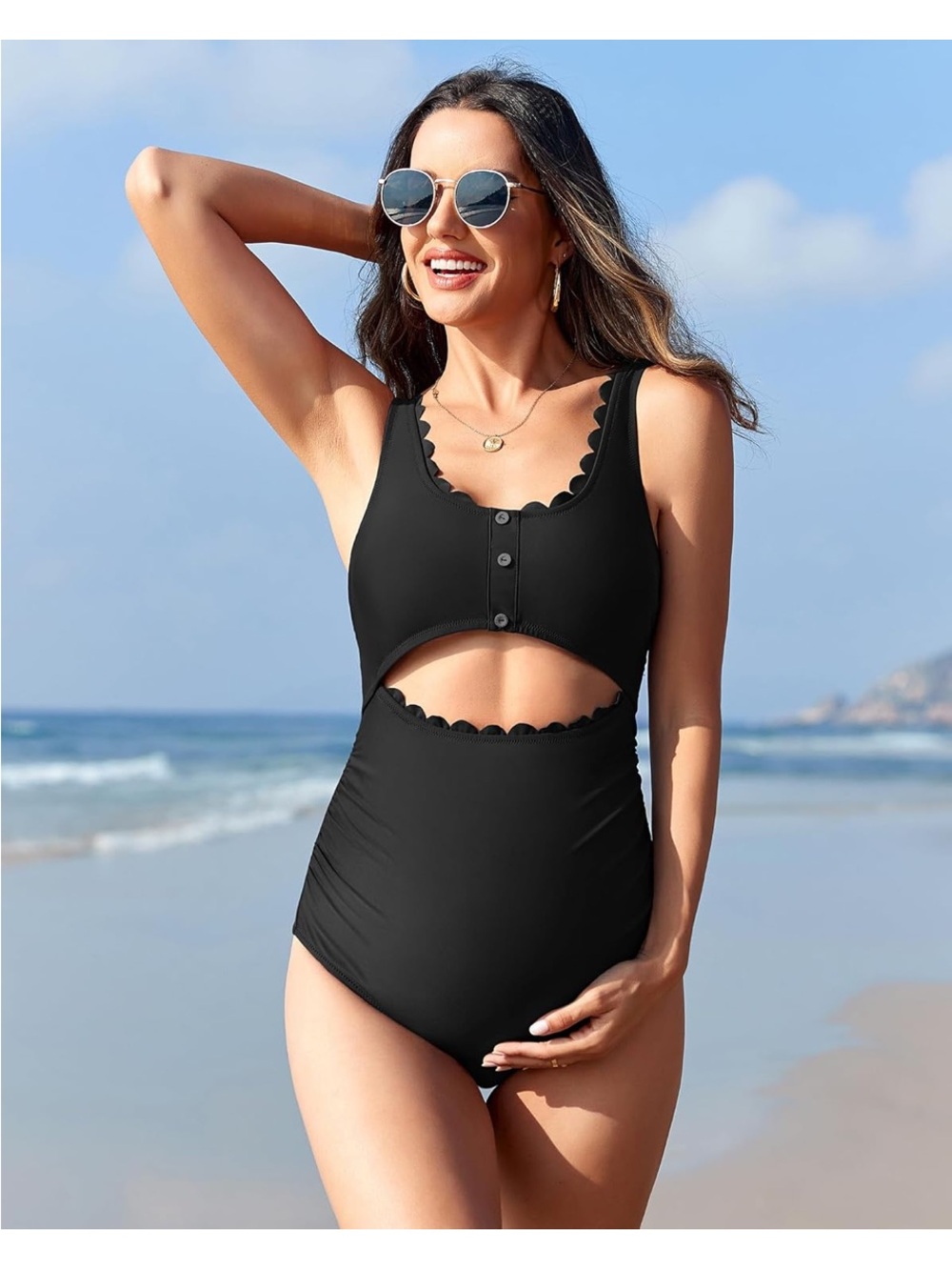 ๐ ๐ Scalloped Cut-Out Ruched High-Waist Maternity One-Piece Swimsuit - Black M - Picture 6 of 16